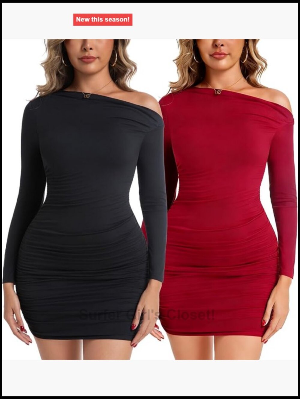 Off Shoulder Long Sleeve Ruched Bodycon Mini Dress, Sexy Cocktail Party Dress